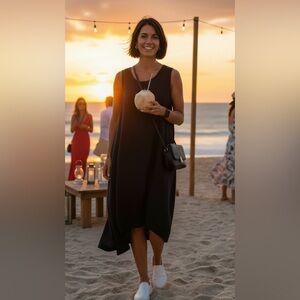 100% Linen Midi Dress Size M Black High Low Lagenlook Oversized Slouchy Beach